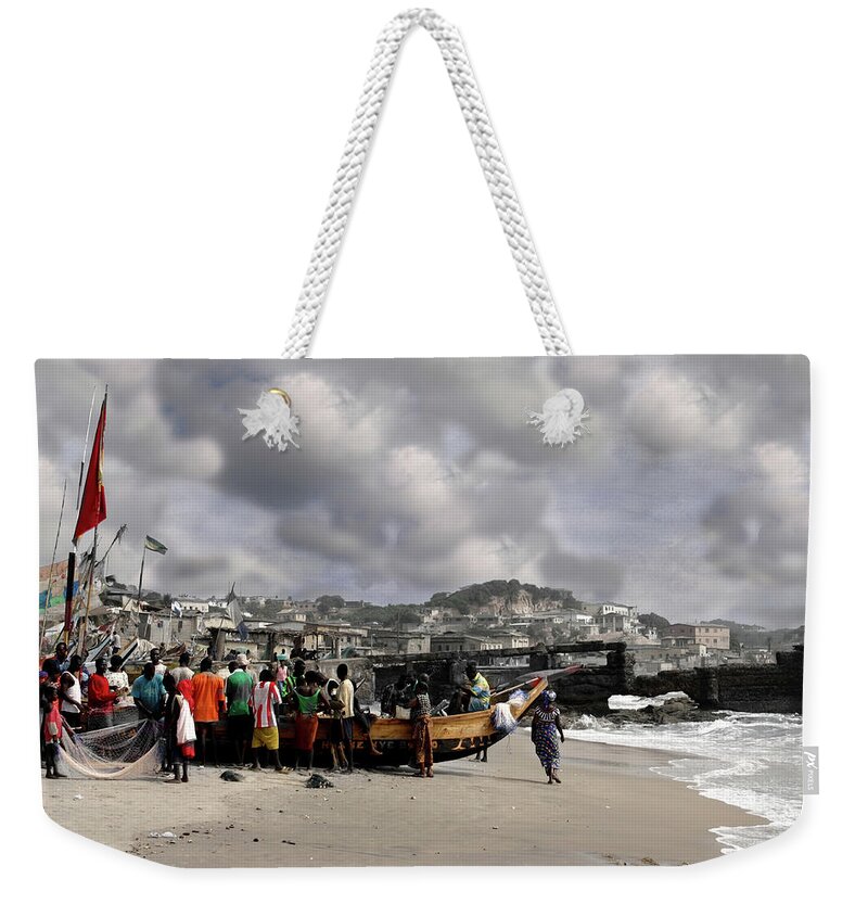 Cape Weekender Tote Bag featuring the photograph Gathering Around the Boat Cape Coast Ghana by Wayne King