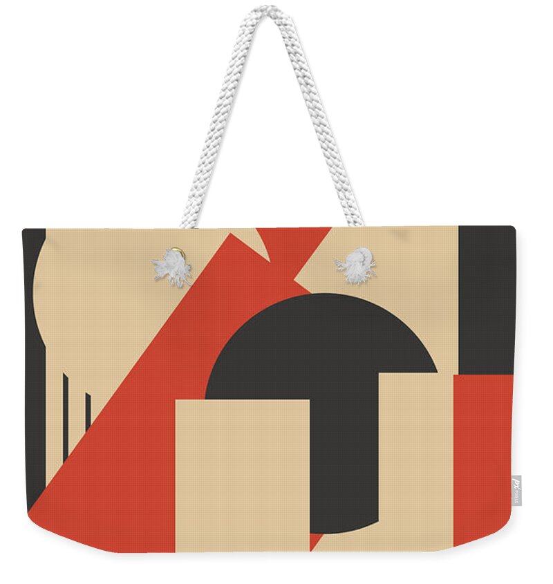 Art Deco Weekender Tote Bag featuring the drawing Geometrical abstract art deco mash-up scarlet beige by Heidi De Leeuw