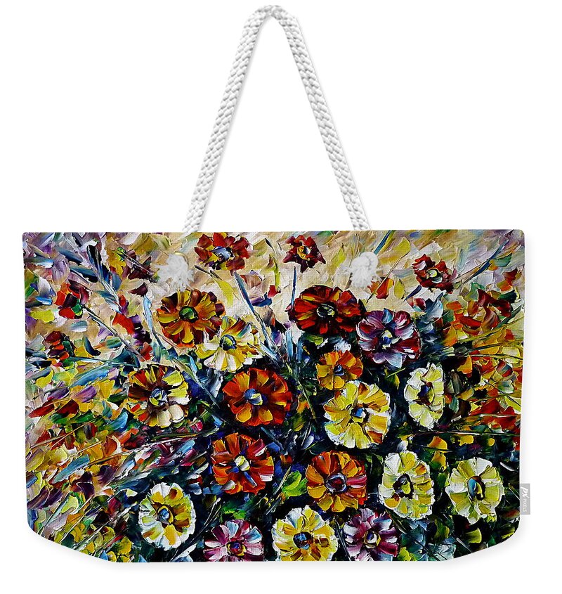 Wild Flower Painting Weekender Tote Bag featuring the painting Gerbera Bouquet by Mirek Kuzniar