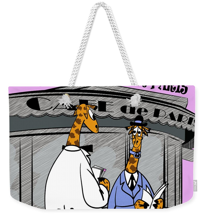 Giraffe Weekender Tote Bag featuring the digital art Giraffe in Cafe de Paris by Piotr Dulski