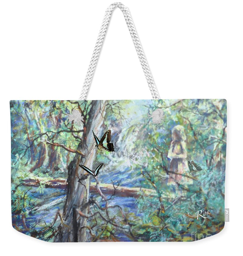 Girl Weekender Tote Bag featuring the painting Girl and Butterflies Far North Queensland Rainforest by Ryn Shell