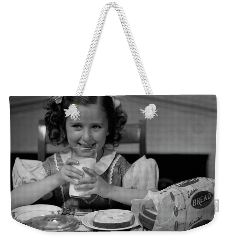 Milk Weekender Tote Bag featuring the photograph Girl Drinking A Glass Of Milk by George Marks