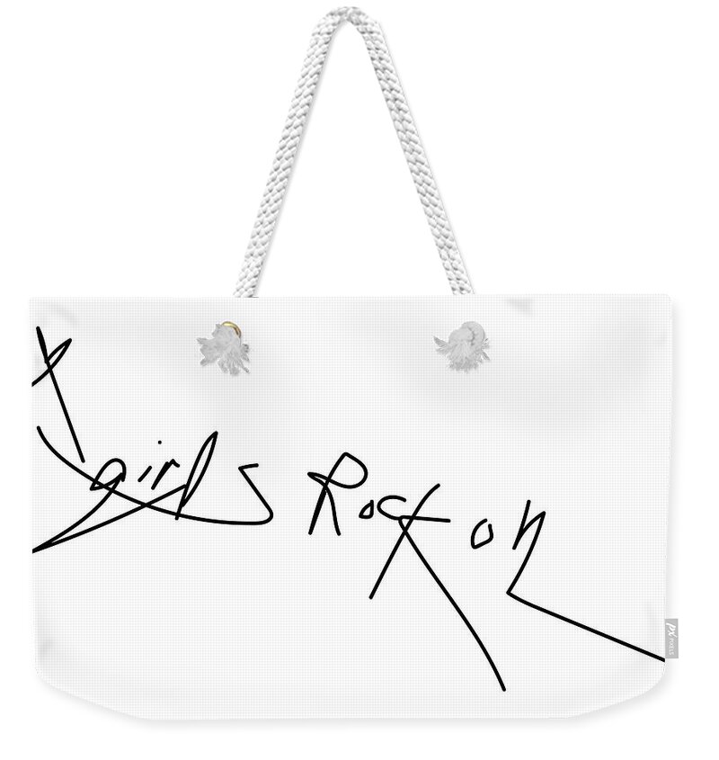 Handwriting Weekender Tote Bag featuring the drawing Girls Rock On black and white by Ashley Rice