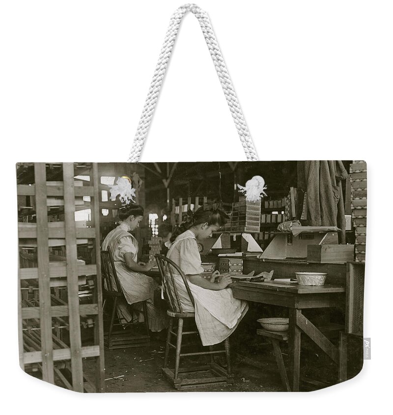 Child Weekender Tote Bag featuring the painting Girls working in Tampa, Fla., Box Factory. by 