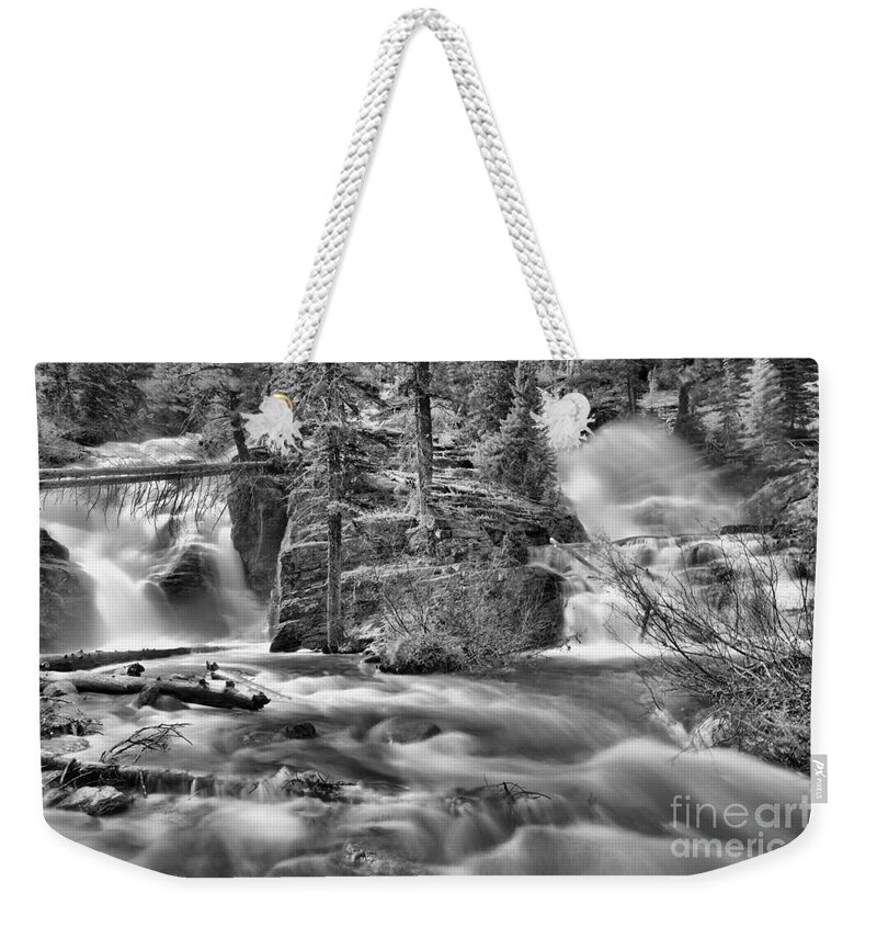 Twin Falls Weekender Tote Bag featuring the photograph Glacier Park Twin Falls Black And White by Adam Jewell