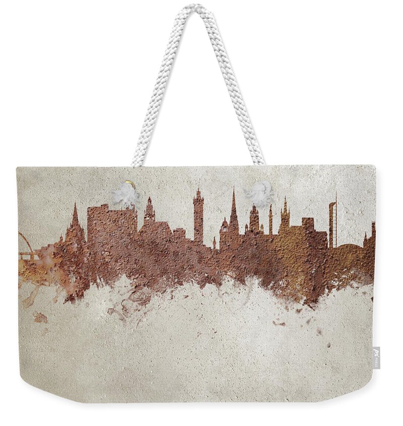 Glasgow Weekender Tote Bag featuring the digital art Glasgow Scotland Rust Skyline by Michael Tompsett