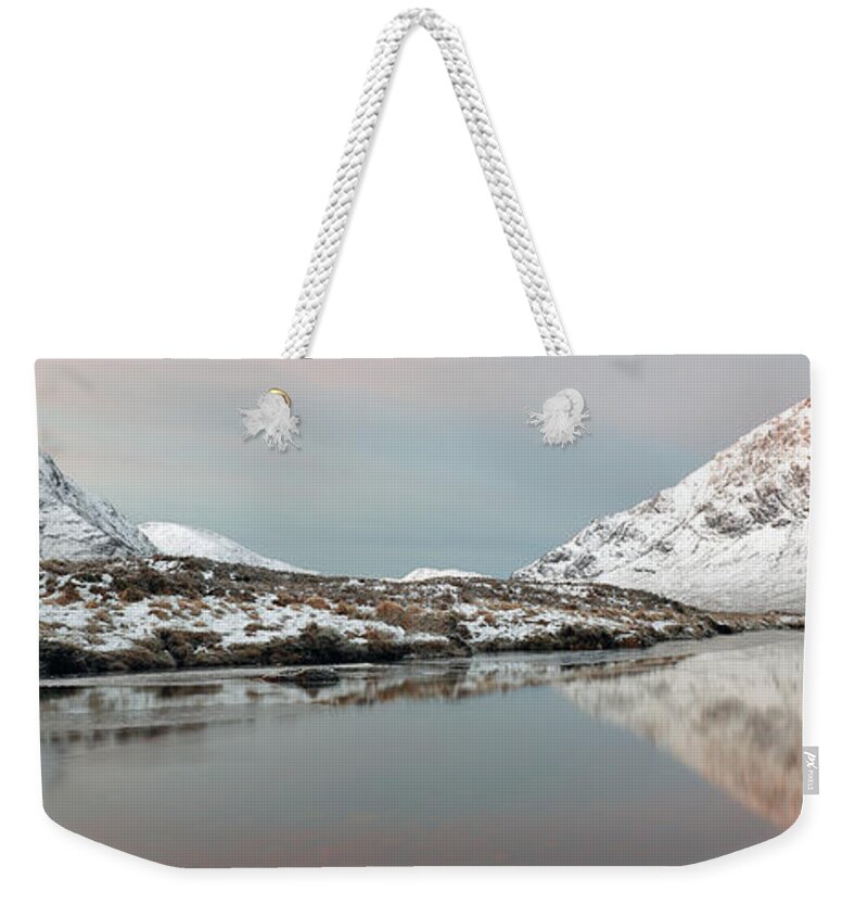 Glencoe Weekender Tote Bag featuring the photograph Glencoe Snow Mountain Winter Sunrise by Grant Glendinning