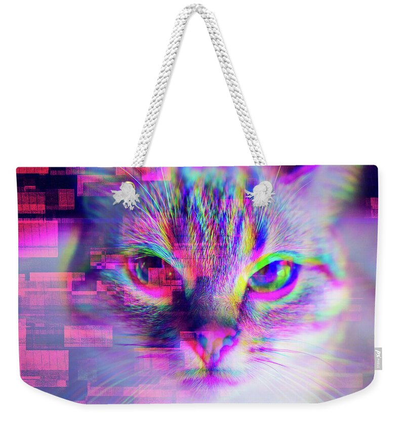 Glitch Weekender Tote Bag featuring the digital art Glitch Art Trippy Cat by Matthias Hauser