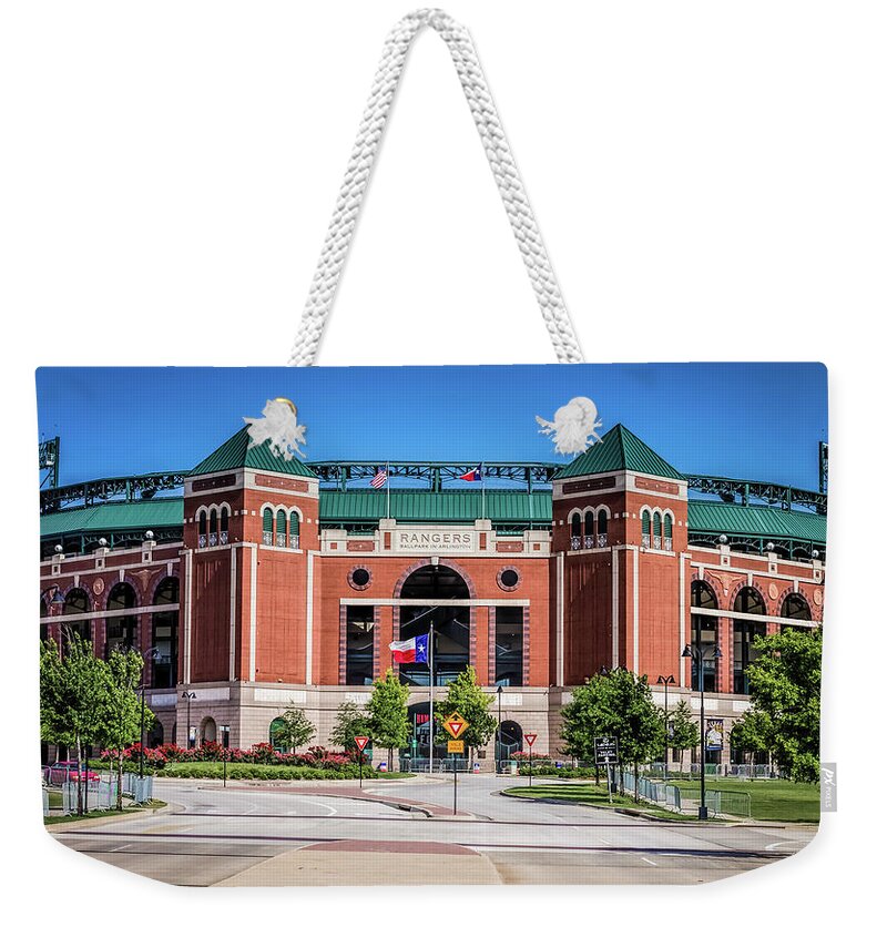 Texas Rangers Weekender Tote Bag featuring the photograph Globe Life Park and Texas Rangers in Arlington by Robert Bellomy