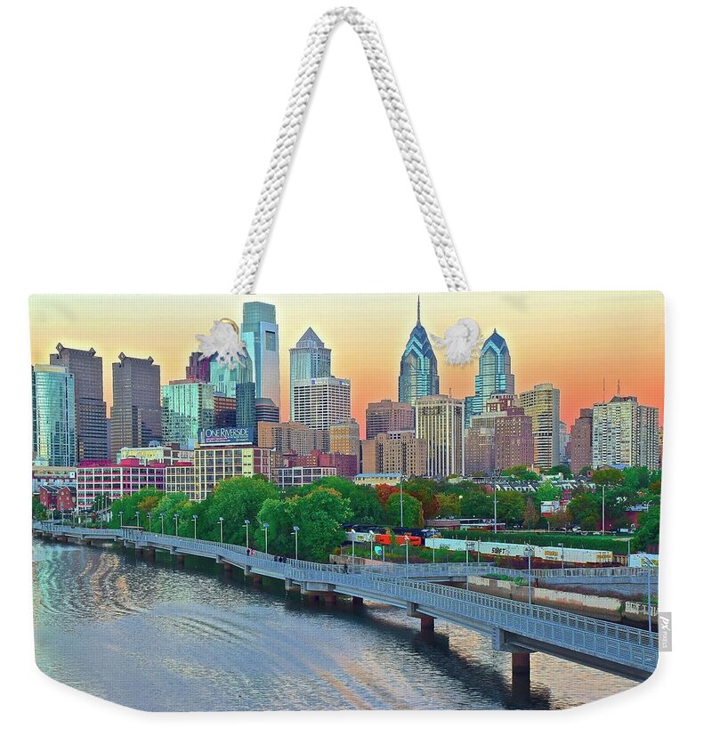 Philadelphia Weekender Tote Bag featuring the photograph Glorious Philly Sunset by Frozen in Time Fine Art Photography