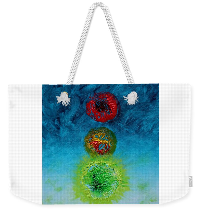 #abstract #art #remodern #modern #ipaintfish.com #scarpace #red #yellow #green #go #painting #inspiration #peace #clouds #blue #color #primary #colors Weekender Tote Bag featuring the painting Go by J Vincent Scarpace