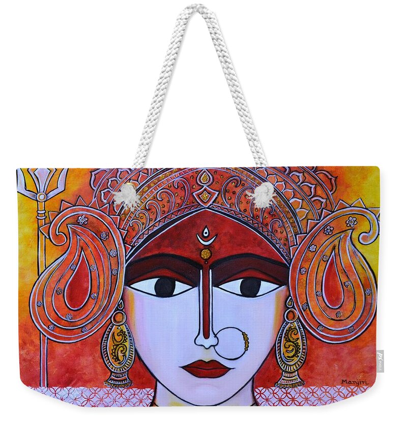 Hindgoddess Weekender Tote Bag featuring the painting Goddess Durga vibrant colorful painting Hindu goddess by Manjiri Kanvinde