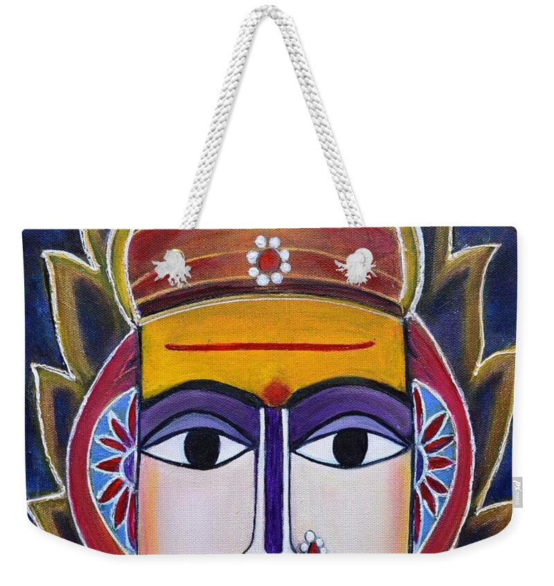Shantadurga Weekender Tote Bag featuring the painting Goddess Shantadurga Textured painting on canvas by Manjiri Kanvinde