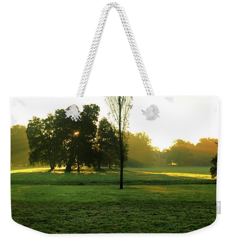 Sunrise Weekender Tote Bag featuring the photograph Golden beams in fall by Sun Travels