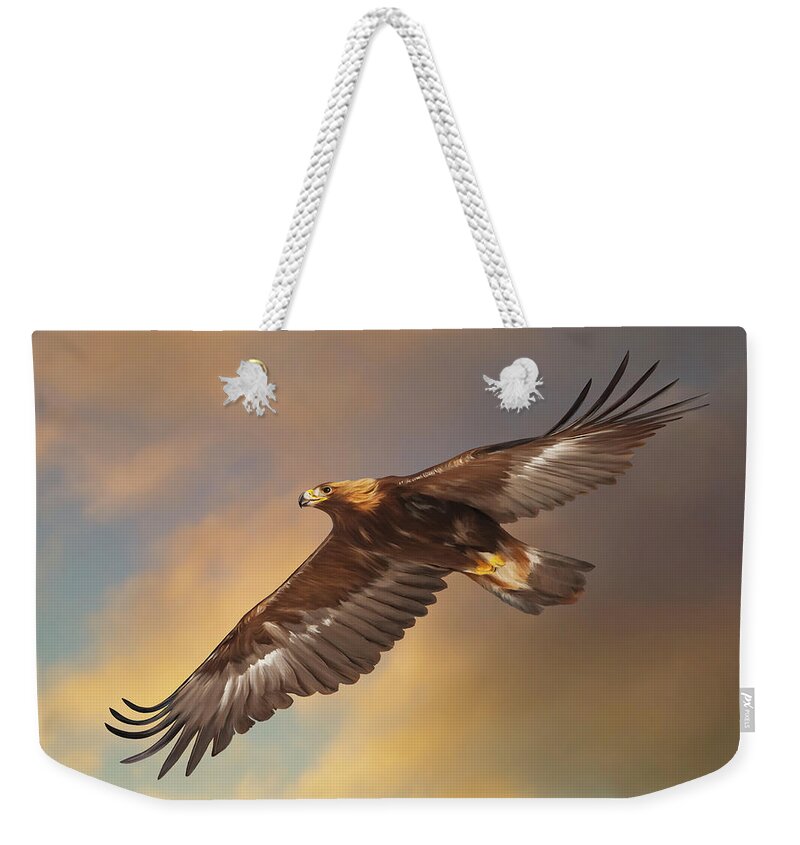Golden Eagle Weekender Tote Bag featuring the digital art Golden Eagle Flying in Golden Light by Mark Miller