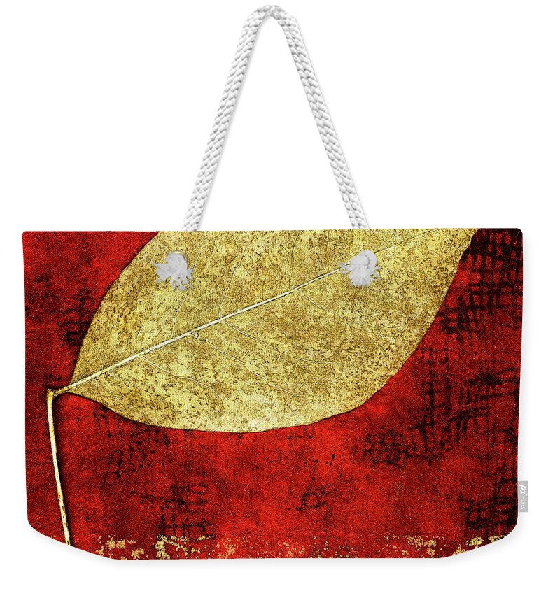 Leaf Weekender Tote Bag featuring the mixed media Golden Leaf on Bright Red Paper Square by Carol Leigh