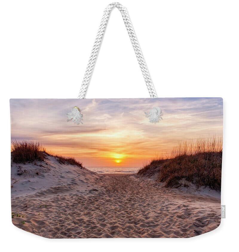 Sunrise Weekender Tote Bag featuring the photograph Golden Path at Sandbridge by Donna Twiford