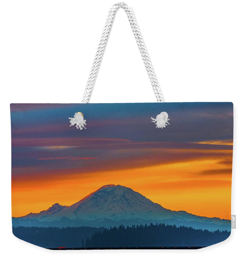 Winter Sunrise; Leschi Marina; Seattle; Mount Rainier; Lake Washington Weekender Tote Bag featuring the photograph Golden Sunrise Glow by Emerita Wheeling
