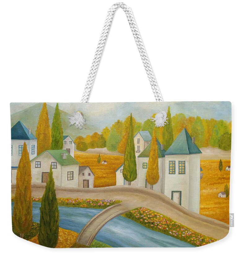 Village Weekender Tote Bag featuring the painting Gone Are The Dark Clouds by Angeles M Pomata