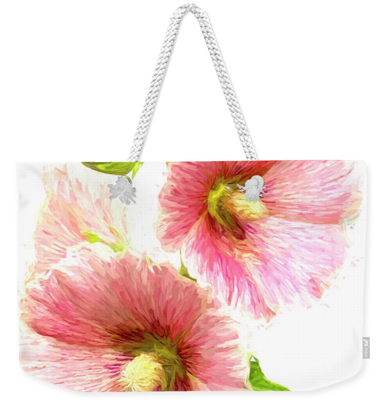 Pink Weekender Tote Bag featuring the photograph Gorgeous Old Fashioned Pink Hollyhocks by Kathy Clark