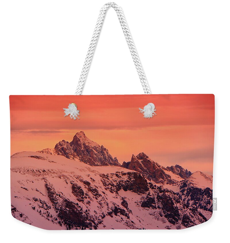 Grand And Other Tetons From The Top Of Jackson Hole Ski Resort Weekender Tote Bag featuring the photograph Grand and Other Tetons from the Top of Jackson Hole Ski Resort by Raymond Salani III