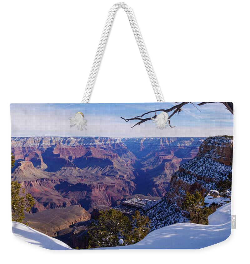 American Southwest Weekender Tote Bag featuring the photograph Grand Canyon and Snow Panorama 2 by Todd Bannor