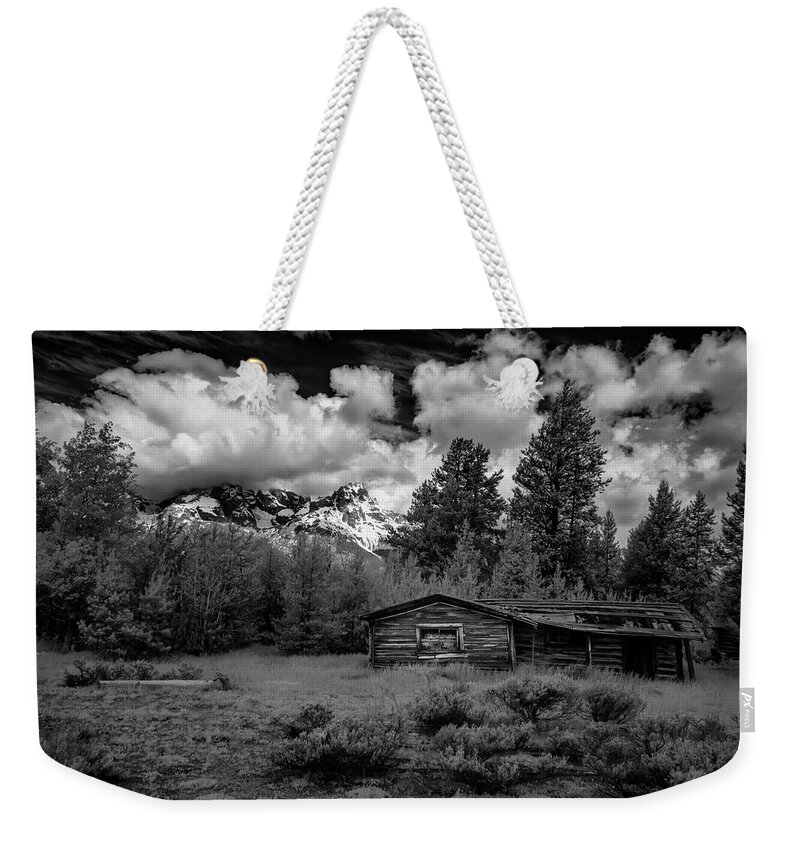 Black And White Weekender Tote Bag featuring the photograph Grand Teton Cabin II by Jon Glaser