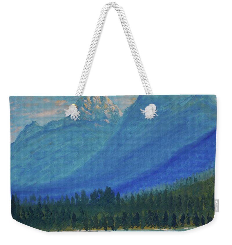 Grand Teton Weekender Tote Bag featuring the painting Grand Tetons and Wyoming Cowboy by Chance Kafka