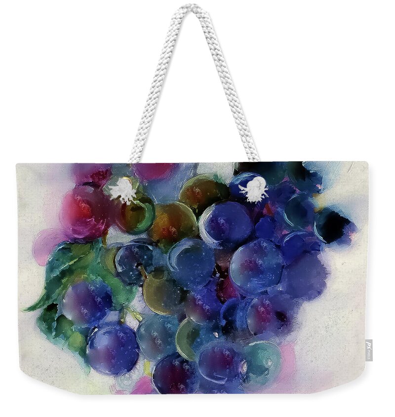 Grapes Weekender Tote Bag featuring the painting Grape Harvest Watercolor Painting by Lisa Kaiser
