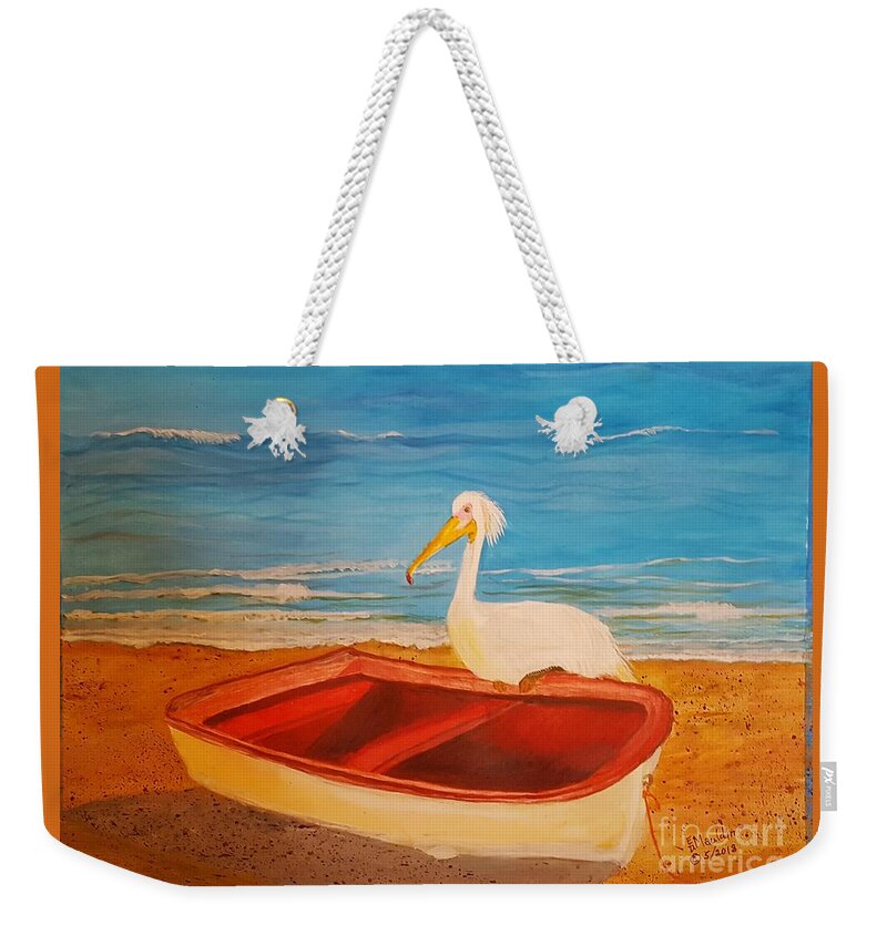 Great Egret Weekender Tote Bag featuring the painting Great Egret Guarding Fishing Boat by Elizabeth Mauldin
