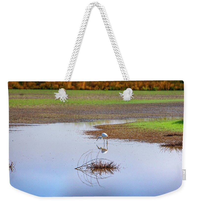 Egret Weekender Tote Bag featuring the photograph Great Egret Reflection Pond by Anthony Jones