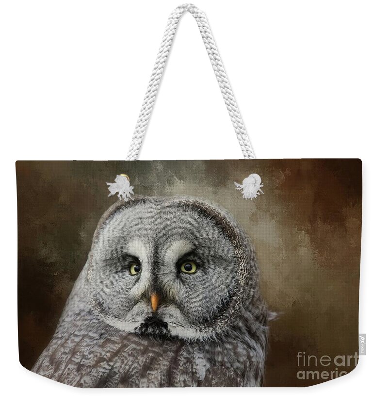 Great Grey Owl Weekender Tote Bag featuring the photograph Great Grey Owl Portrait by Eva Lechner