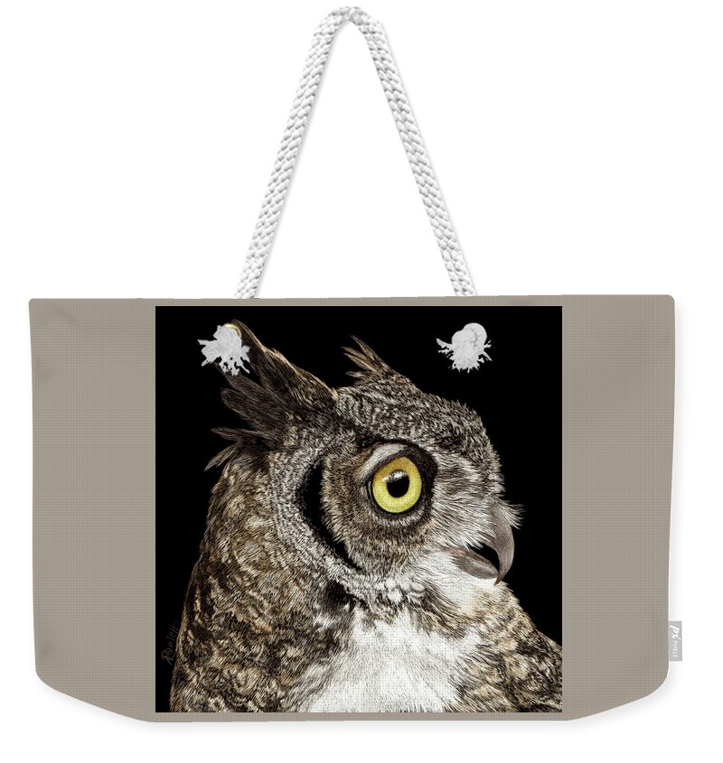 Owl Weekender Tote Bag featuring the drawing Great-horned Owl by Ann Ranlett