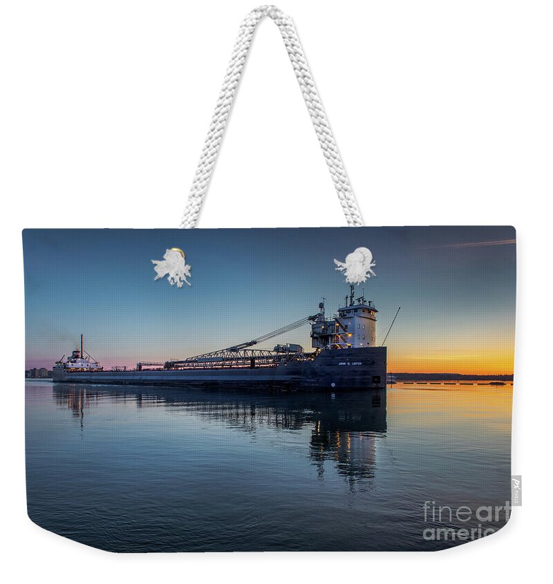 John D. Leitch Weekender Tote Bag featuring the photograph Great Lake Freighter John D. Leitch Sunrise-1747 by Norris Seward