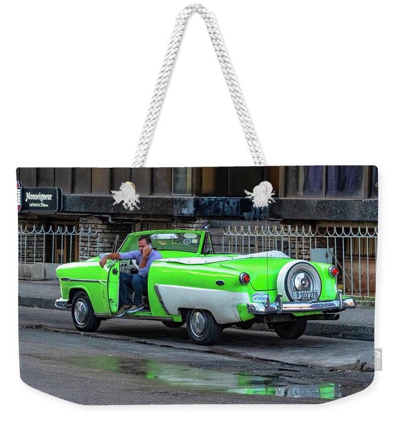 Havana Cuba Weekender Tote Bag featuring the photograph Green And White Taxi by Tom Singleton