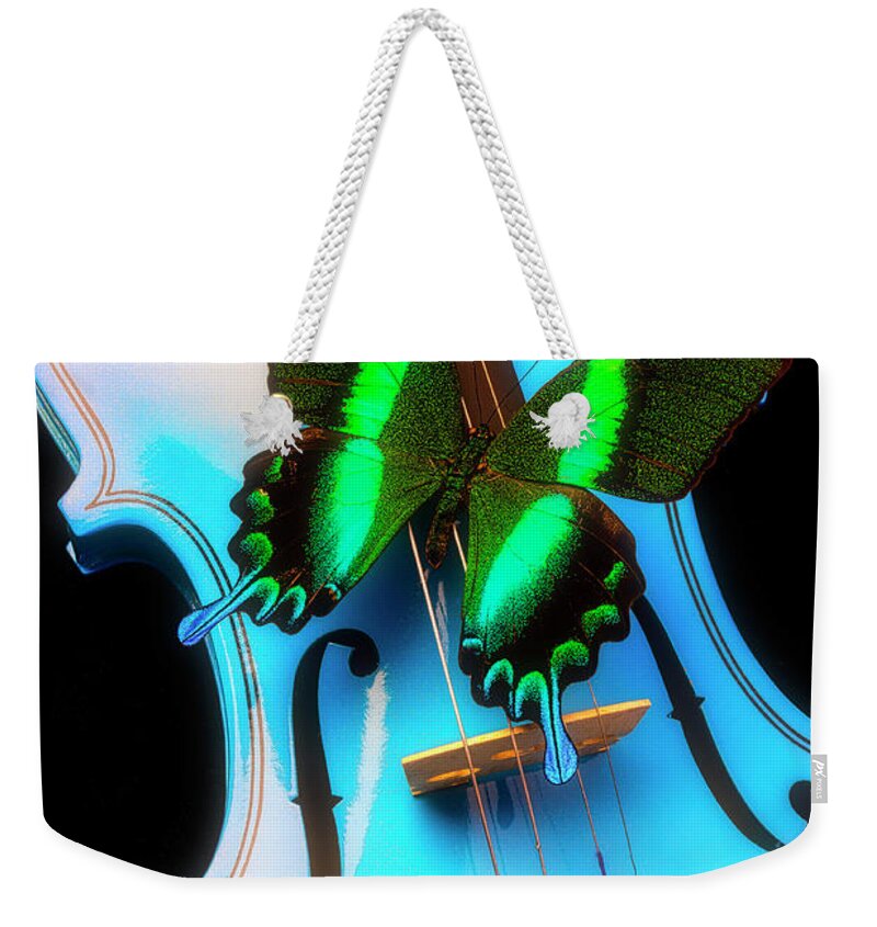 Violin Weekender Tote Bag featuring the photograph Green Butterfly On Blue Violin by Garry Gay