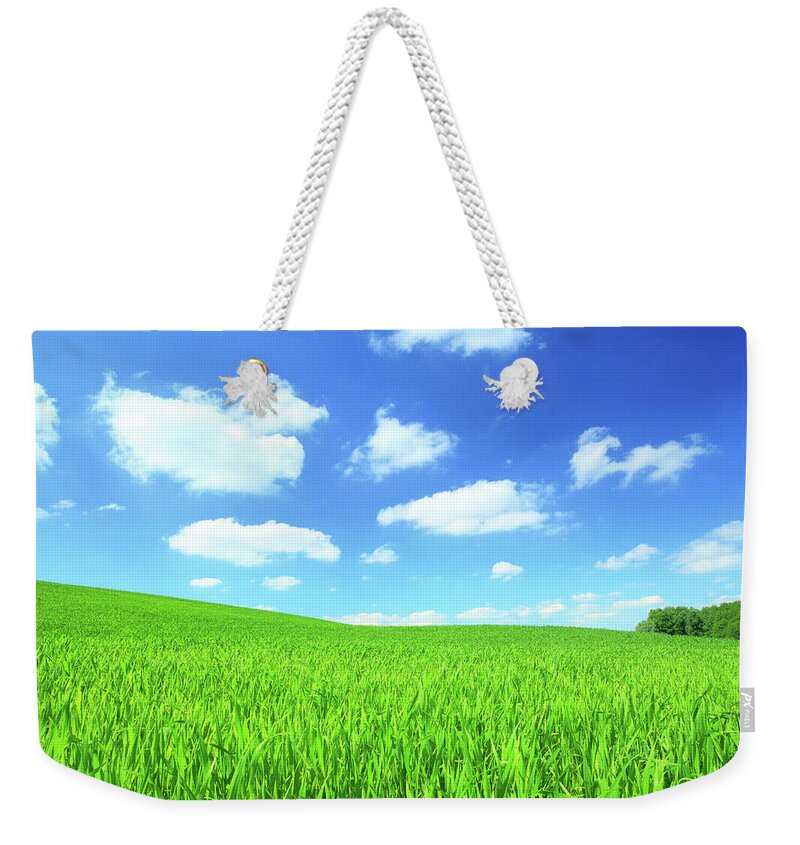 Scenics Weekender Tote Bag featuring the photograph Green Field And White Clouds On Blue Sky by Konradlew
