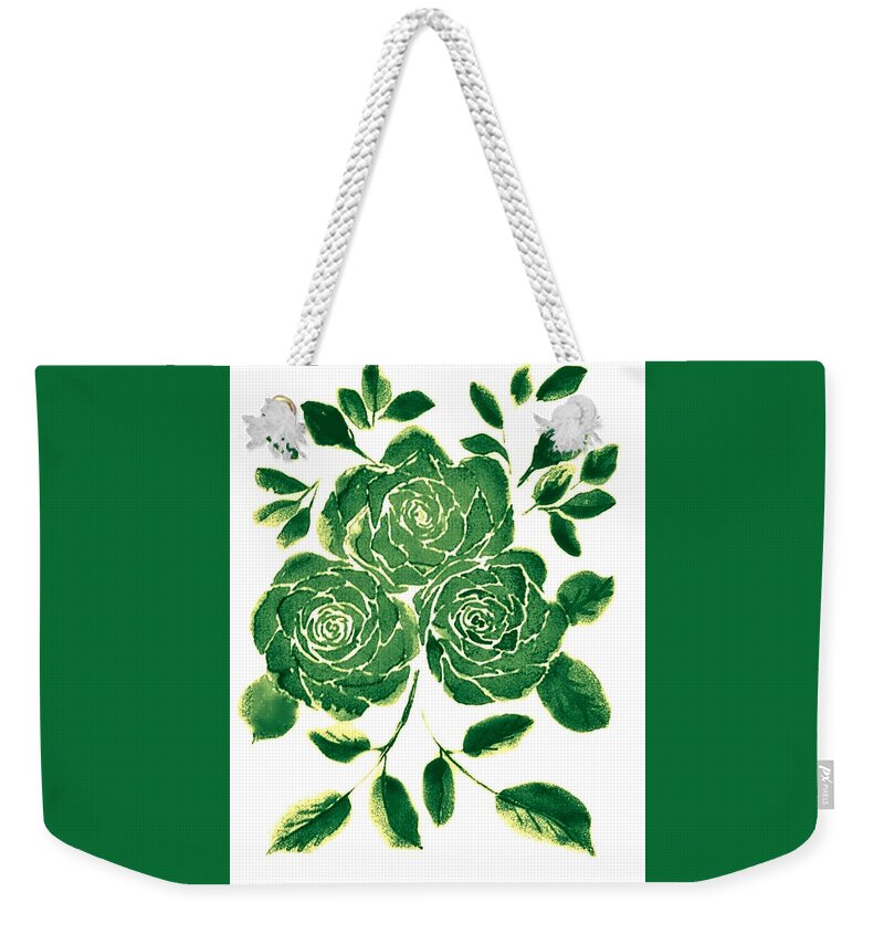 Green Weekender Tote Bag featuring the digital art Green Monochrome Roses by Delynn Addams