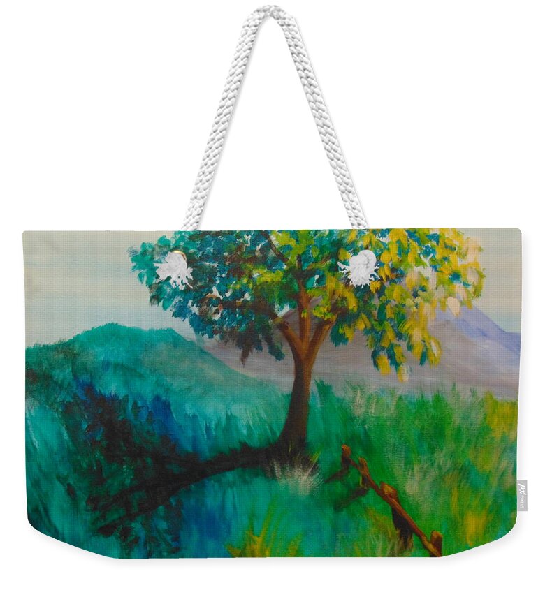 Green Weekender Tote Bag featuring the painting Green Pastures by Saundra Johnson