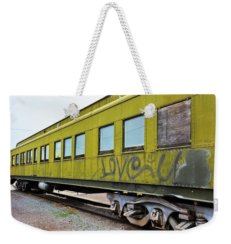 Western America Railroad Museum Weekender Tote Bag featuring the photograph Green Railroad Car by Kyle Hanson