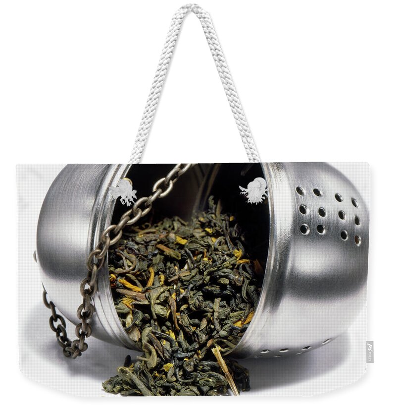 White Background Weekender Tote Bag featuring the photograph Green Tea In Open Infuser, Studio Shot by Steve Wisbauer