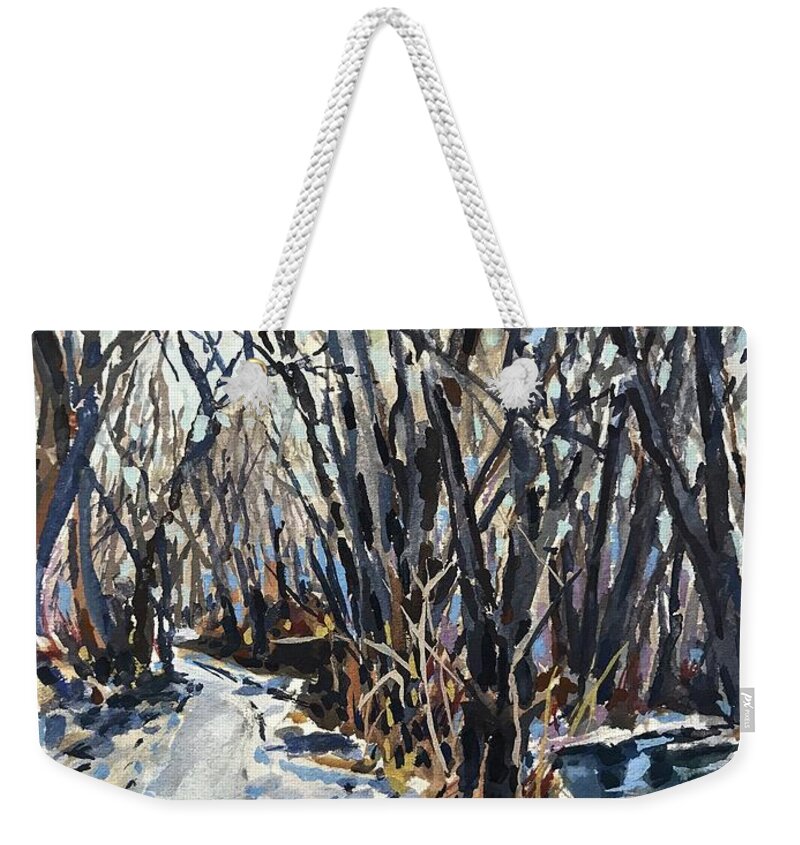 Snow Greenbelt Weekender Tote Bag featuring the painting Greenbelt Snow study by Les Herman