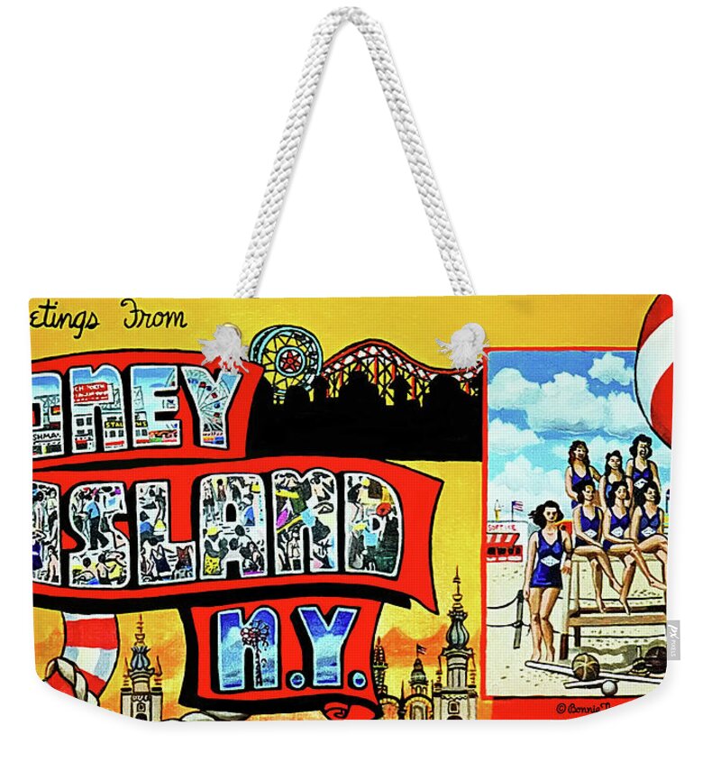  Weekender Tote Bag featuring the painting Greetings From Coney Island Towel Version by Bonnie Siracusa