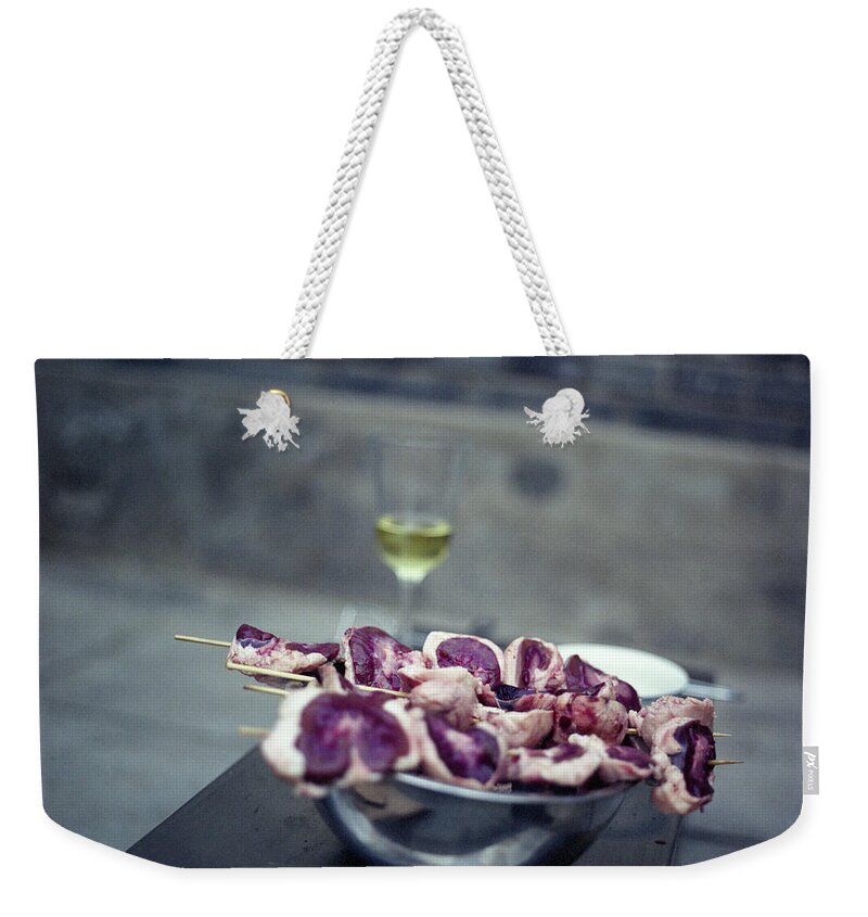Alcohol Weekender Tote Bag featuring the photograph Grilled Mutton Kidneys by Oliver Rockwell