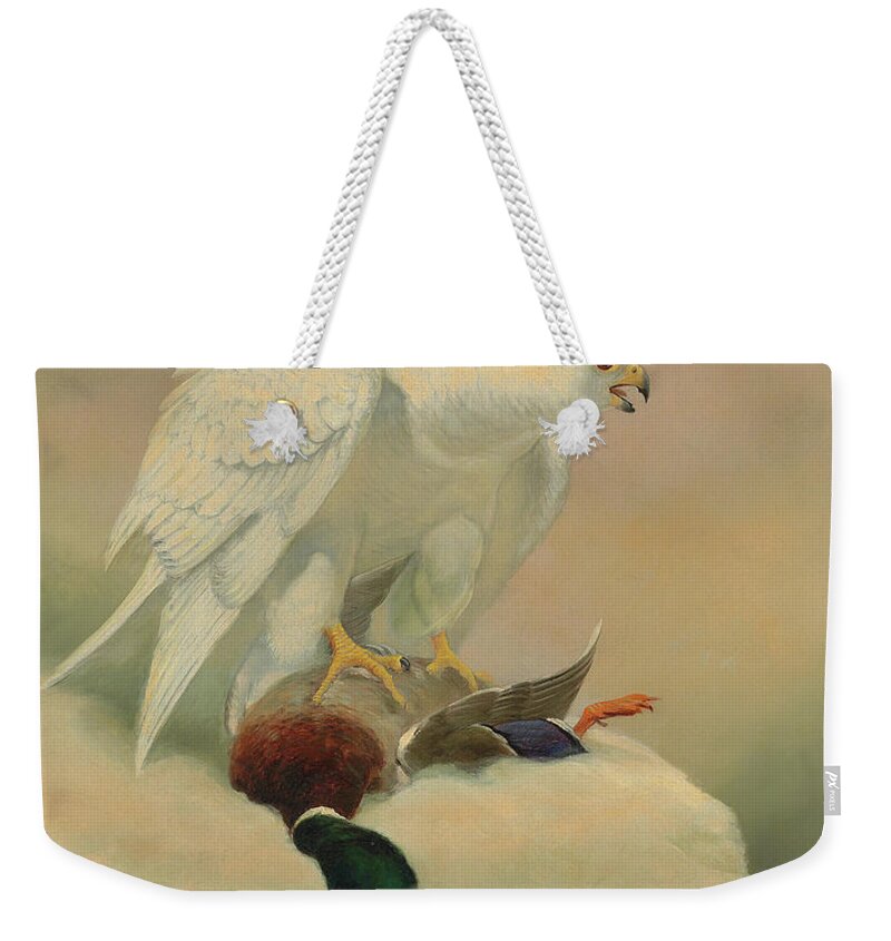 Gyrfalcon Weekender Tote Bag featuring the painting Gyrfalcon and mallard by Joseph Wolf
