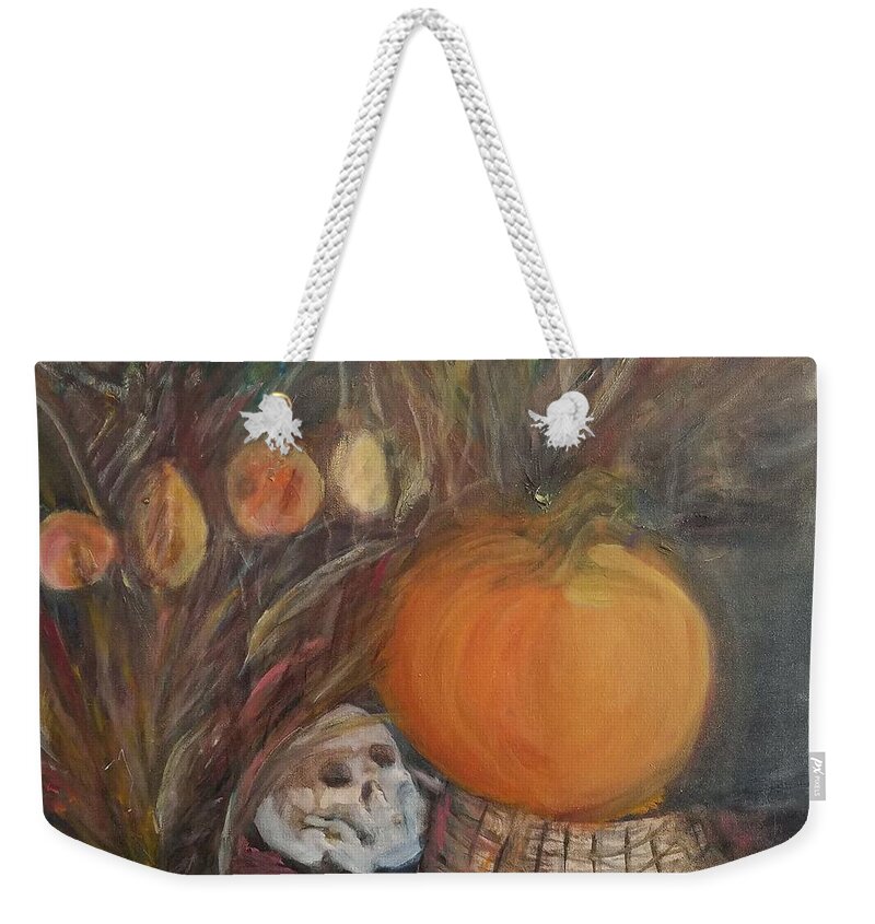 Halloween Pumpkin Skull Floral Flowers Basket Weekender Tote Bag featuring the painting Halloween Pumpkin by Beverly Smith