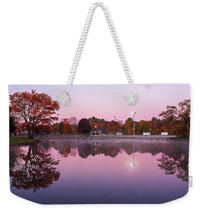 Hamilton Weekender Tote Bag featuring the photograph Hamilton MA Patton Park Fall Foliage Sunrise Gazebo Red Tree by Toby McGuire