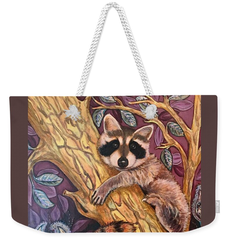Racccoon Weekender Tote Bag featuring the painting Hanging Out At Home by Linda Markwardt
