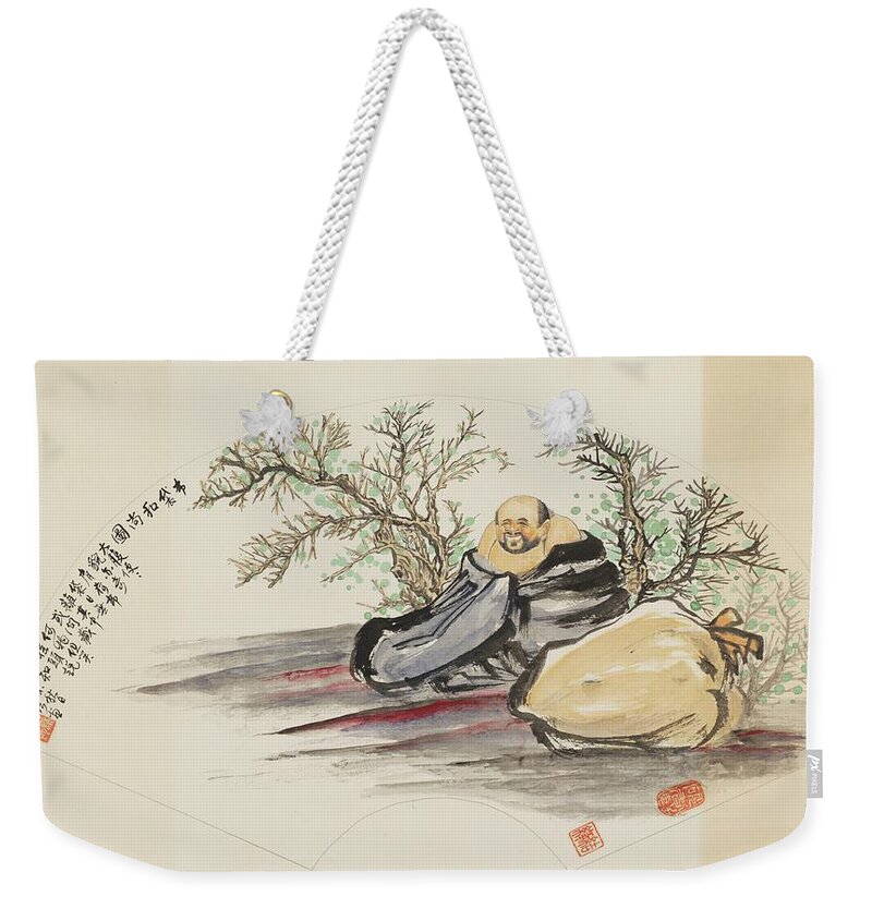 Chinese Watercolor Weekender Tote Bag featuring the painting Happy Wandering Buddha #3 by Jenny Sanders