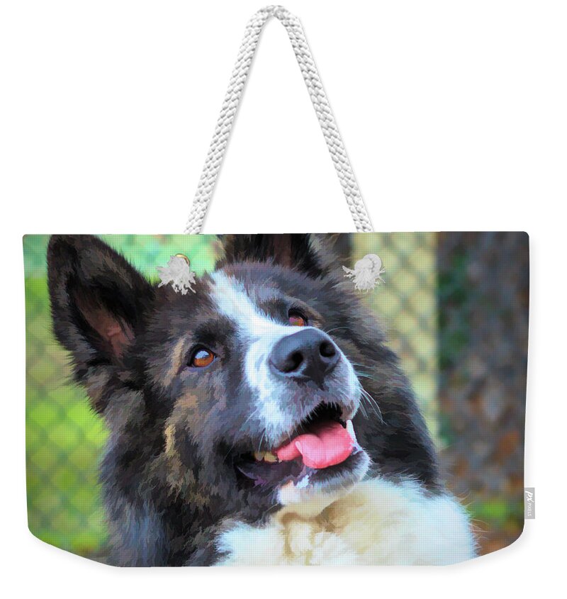 Art Weekender Tote Bag featuring the digital art Happy Dog Painted Portrait by Rick Deacon